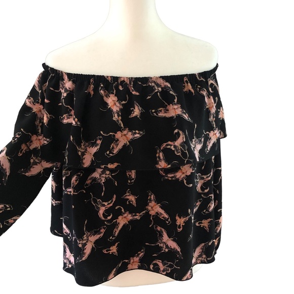 ARITZIA WILFRED Morel Butterfly Off-The-Shoulder Shirt Black w/ Pink Size Small - Picture 7 of 11